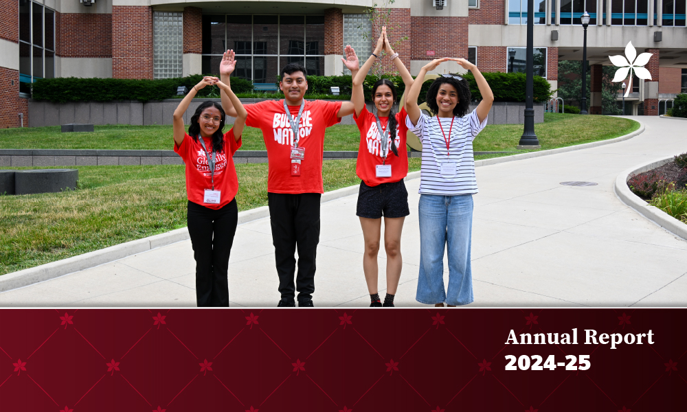 Four Students making OHIO in Garden of Constants outside of Enarson