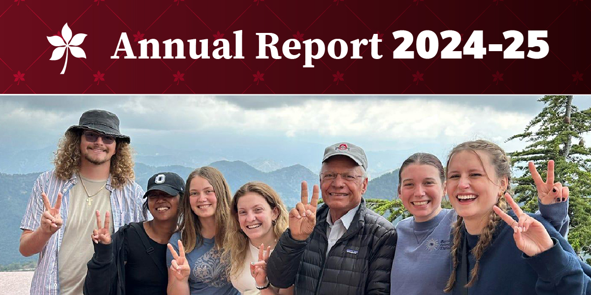 Students smiling in Cyprus, Annual Report 2024-25 with a buckeye leaf at the top