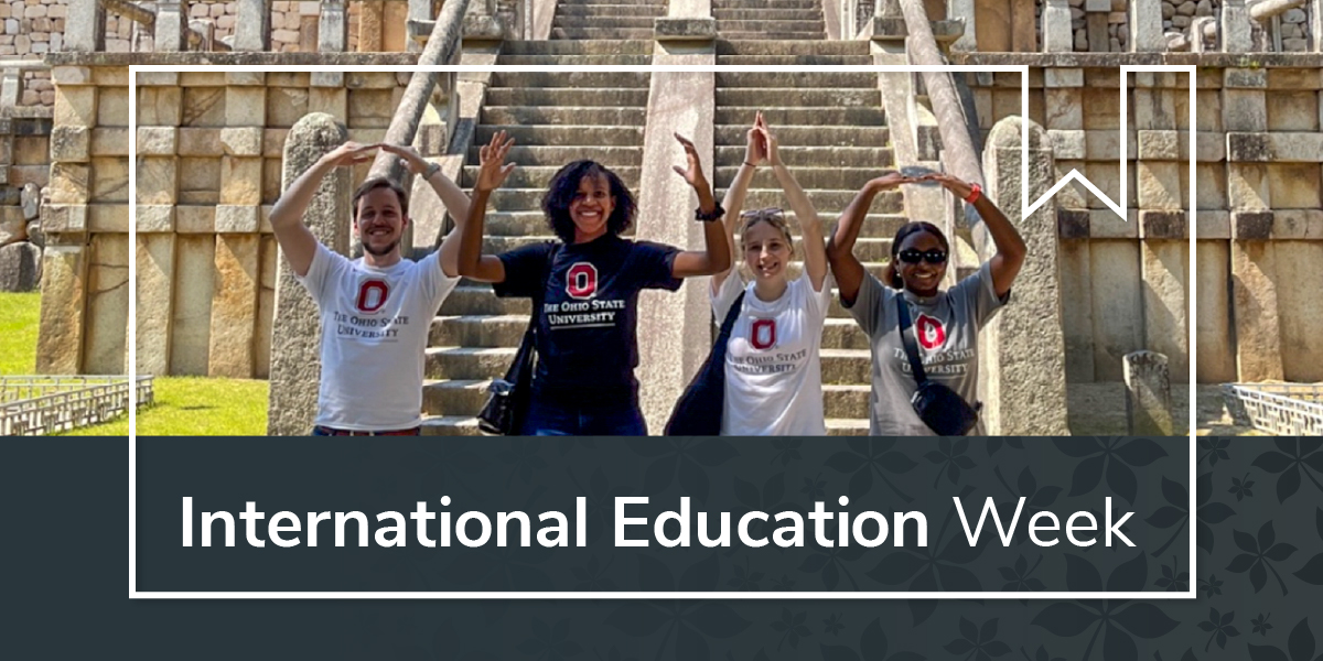 International Education Week with Students in front of a Korean temple making OHIO with their bodies