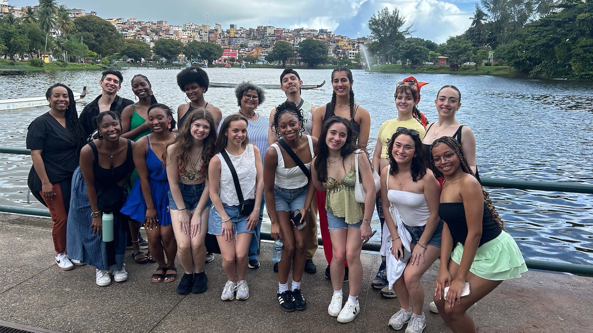 Student group overlooking waterfront