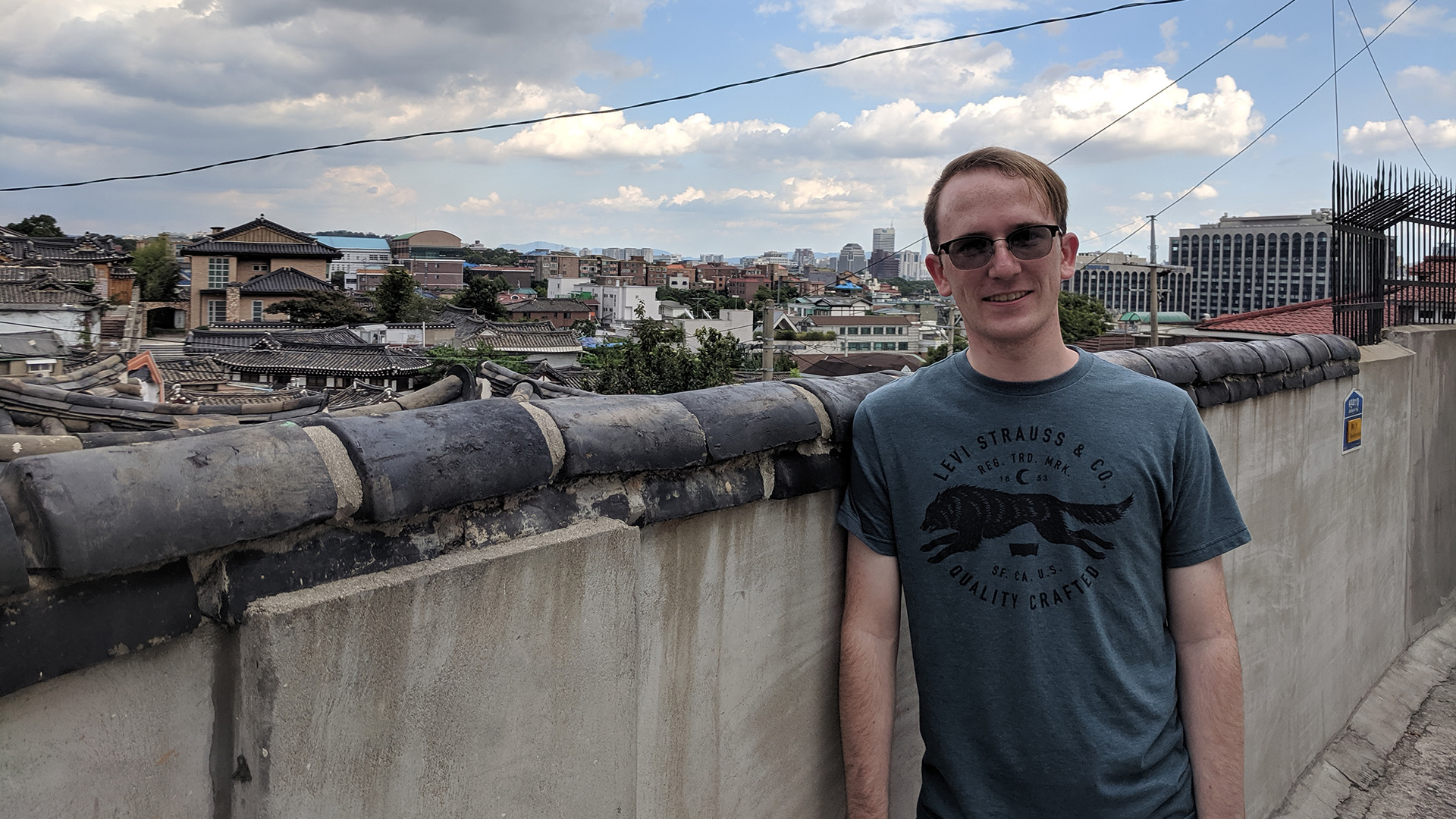 Student overlooking city skyline
