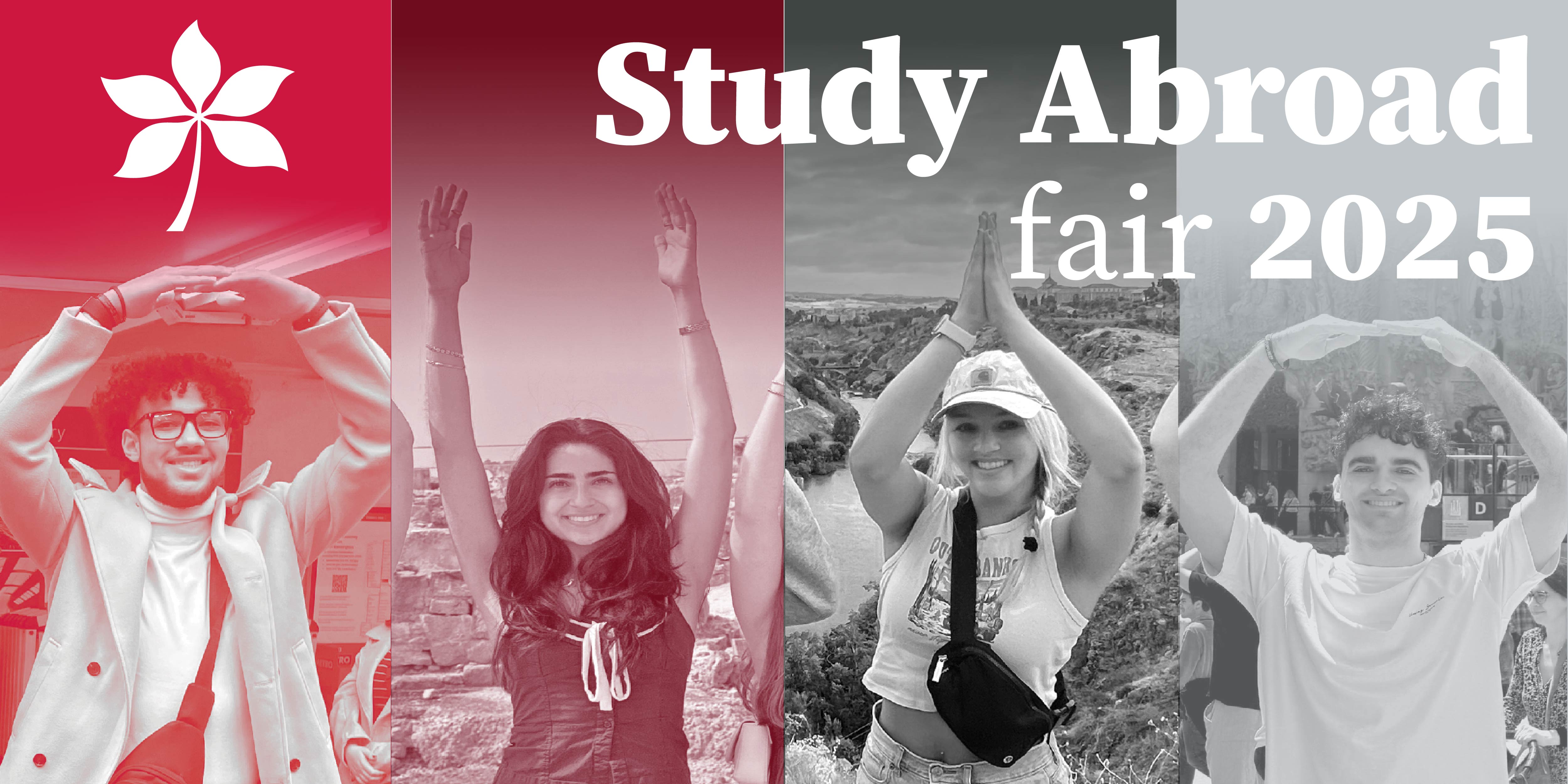 Students doing O-H-I-O with the text &quot;Study Abroad Fair 2025&quot; overlayed