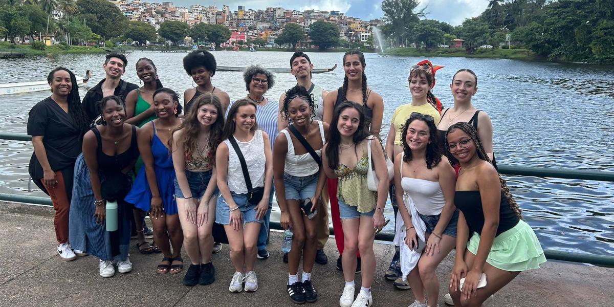 Student group overlooking waterfront 