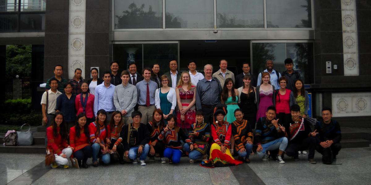 Group of students posting together in Chengdu, China