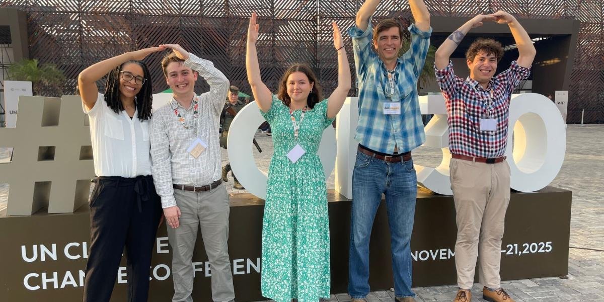 Ohio State students and faculty doing an O-H-I-O cheer in Belem, Brazil.