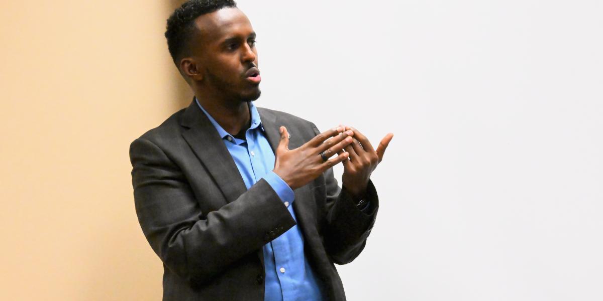 Ismail Mohammad giving a speech to an Ohio State audience