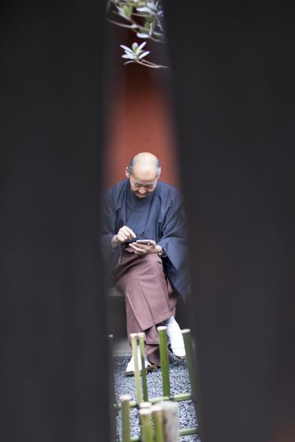 A Buddhist monk reads his phone.