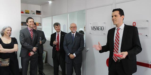 Pimenta speaking at the ribbon cutting ceremony for the Brazil Gateway.
