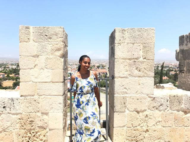 Female poses in ruins in Cyprus.