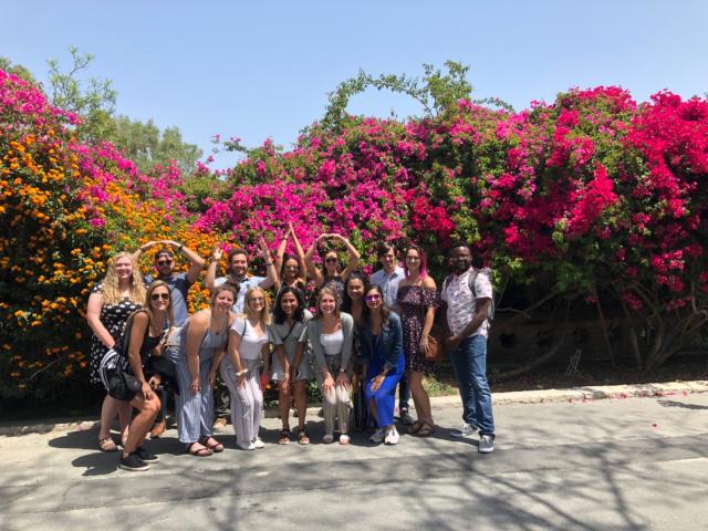 Group of students in front of colorful bushes.