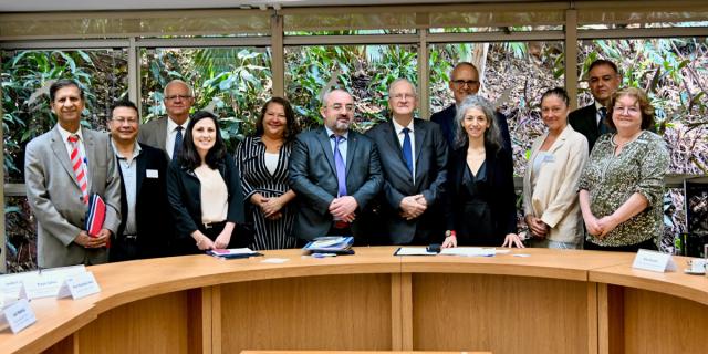 Twelve people in business clothing pose in conference room.