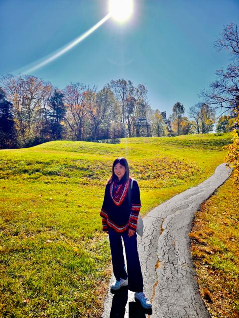 A person stands on a winding path in a sunny park, surrounded by green grass and trees with autumn leaves. The sun is bright in the clear blue sky.