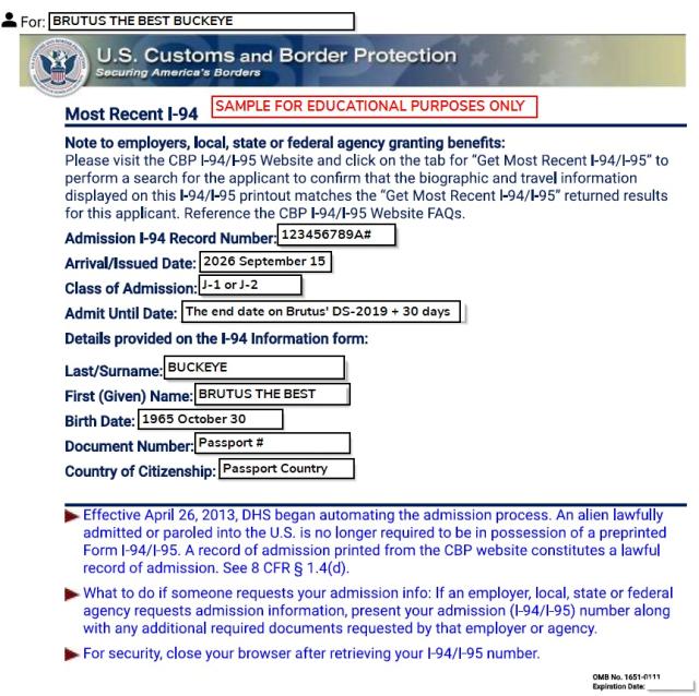 Screenshot of what a scholar's most recent I-94  will look like, including the duration of status notation.