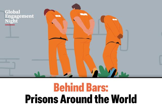 Behind Bars: Prisons Around the World with illustration of prisoners cuffed