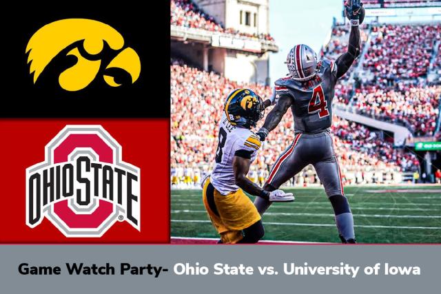 Ohio State and Iowa logos along with two football players on the football field