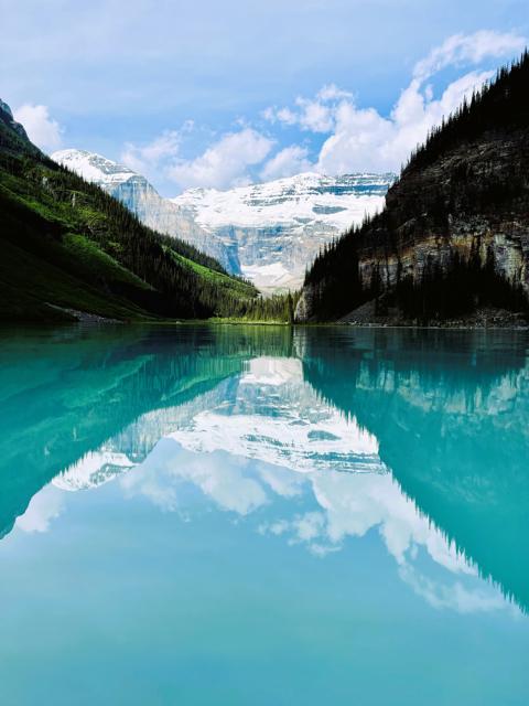 Long vista of lake with blue water.