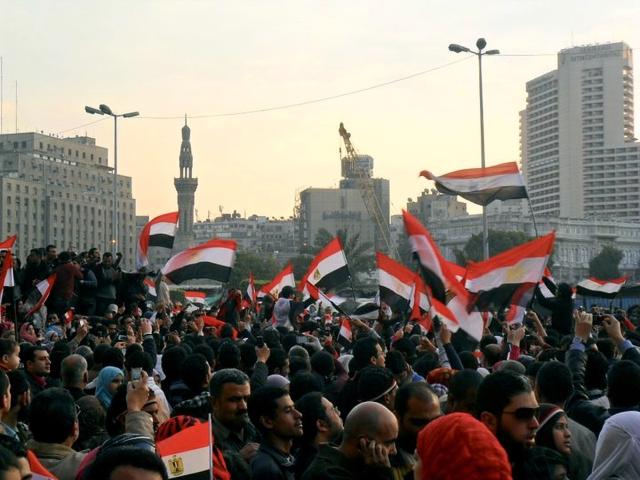 Large group of people holding up flags 