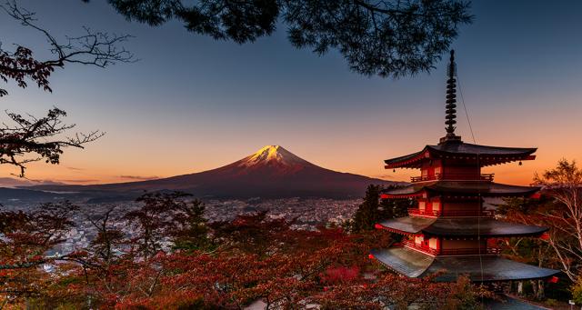 Five story shrine in front of mountain