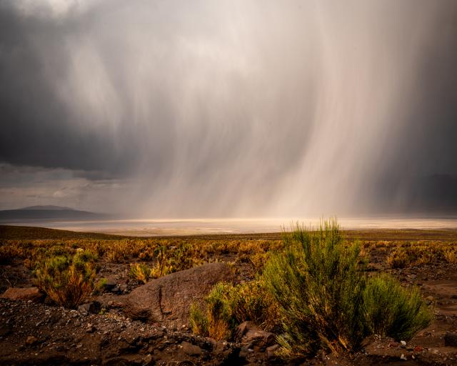 Barren desert landscape with sparse vegetation in the foreground. A dramatic, swirling storm with heavy rain looms over the horizon. The scene is under a dark, overcast sky.