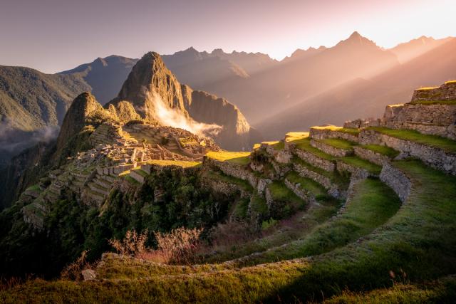 Morning sunlight shines on Machu Picchu.