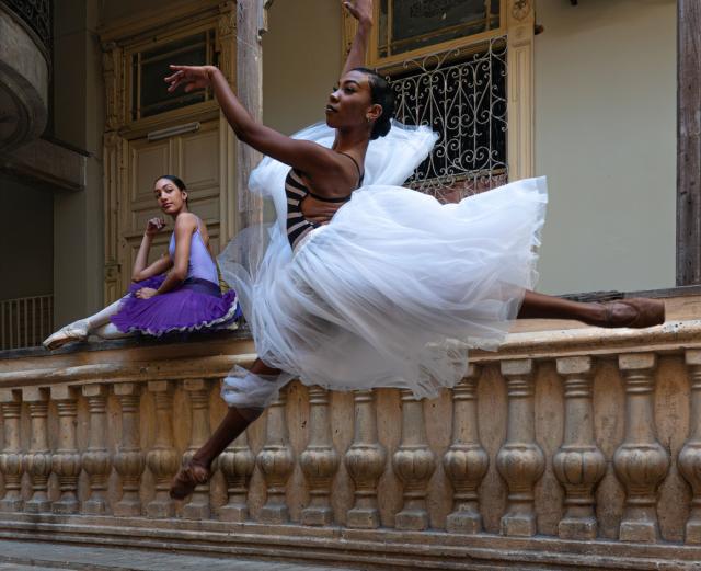 A ballerina performing a graceful jump in a white tutu, while the other sits elegantly on a ledge in a purple tutu.