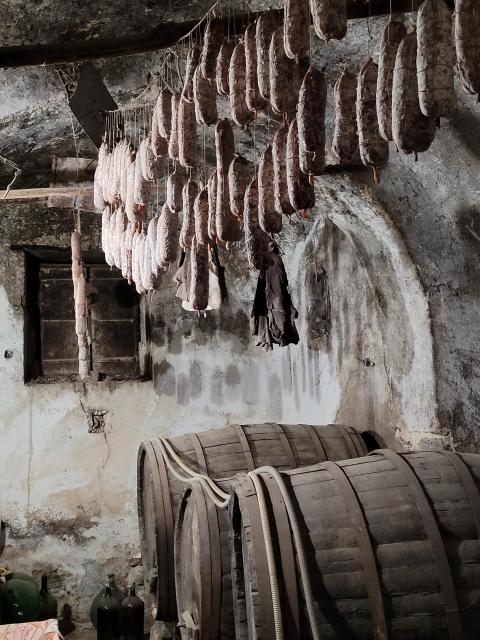Dried meats hanging above some casques