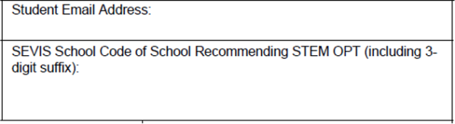 A screenshot with a box for student email and SEVIS school code of school recommending STEM OPT