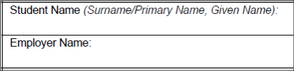 A screenshot with a box for Student Name and Employer name.