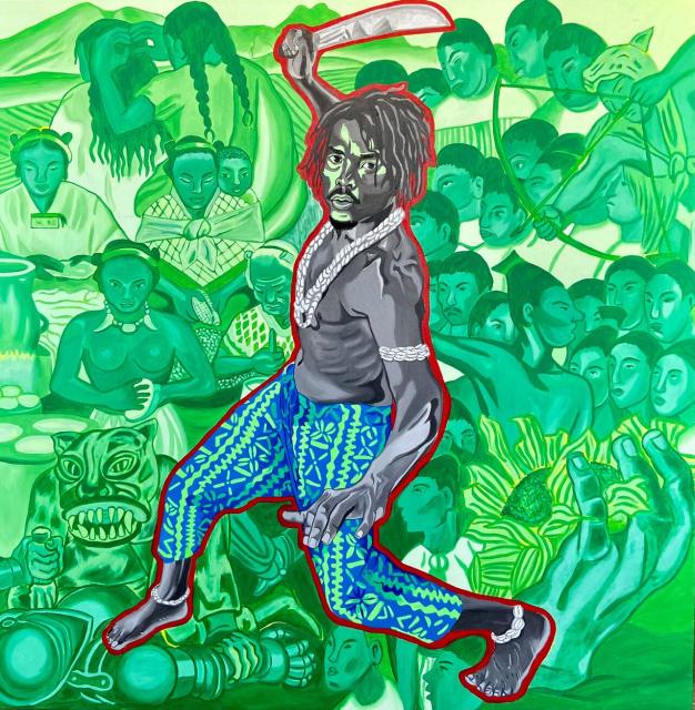 Person in vibrant clothing, prominently posed with a raised arm, surrounded by multiple figures engaged in various activities.