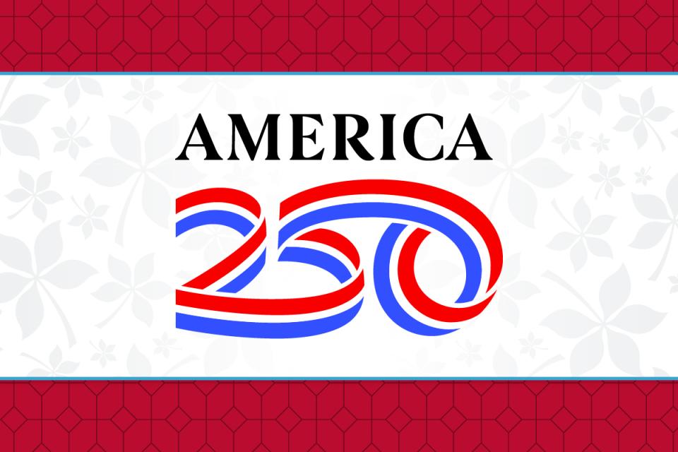 America 250 logo surrounded by Buckeye leaves