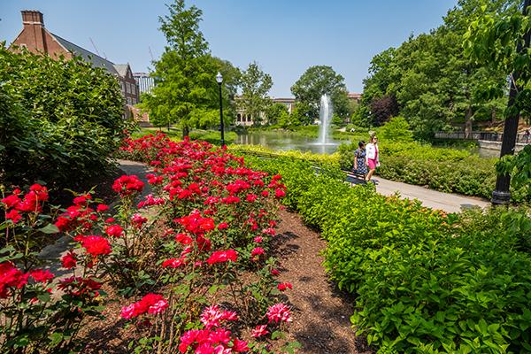 Two people walk in front of mirror lake with peonies in the foreground