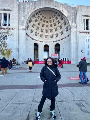 Female in front of rotunda at Ohio Stadium