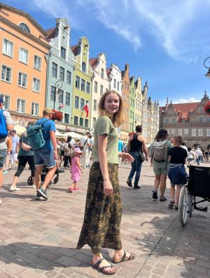 Woman in town square