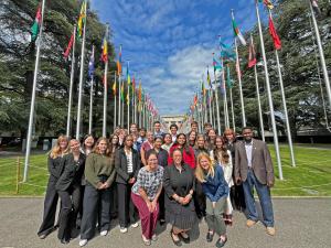 students in front of UN in Geneva